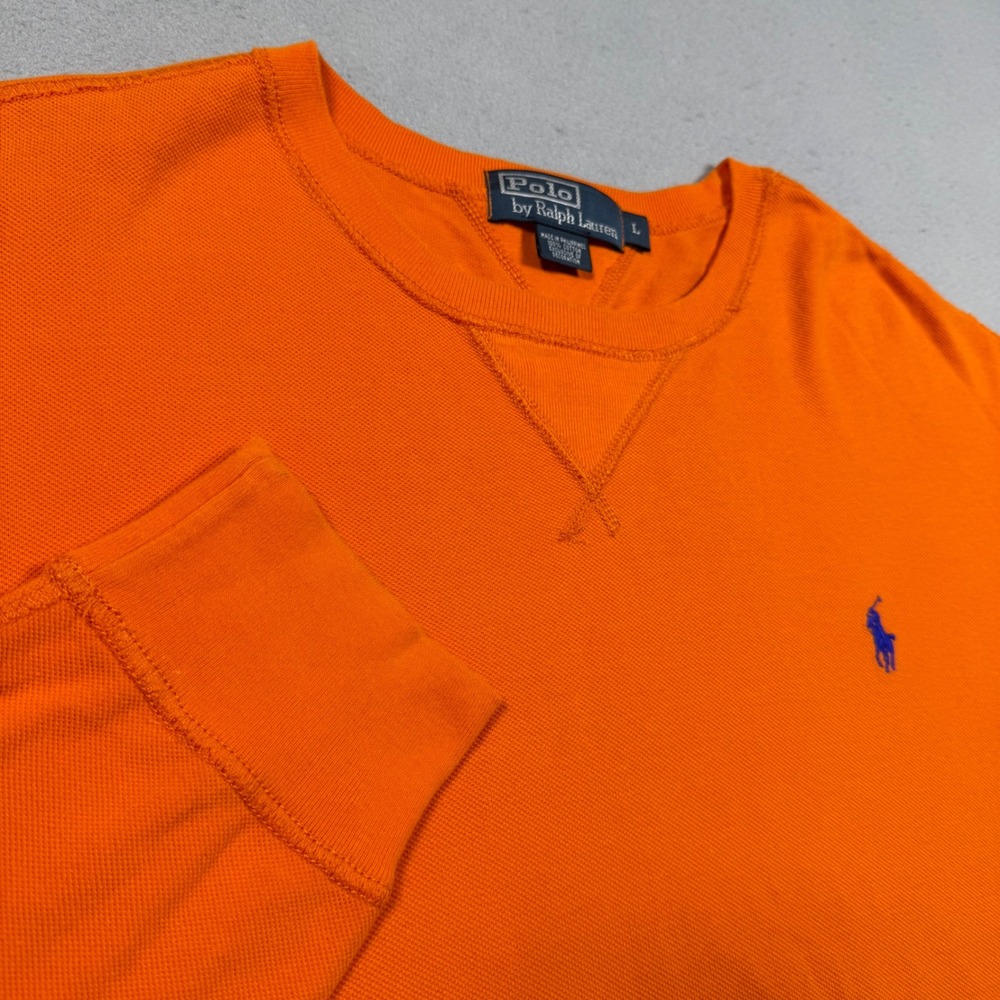 Polo Ralph Lauren Mens Orange Cotton Pique Long Sleeve Crew Neck Pullover Large
